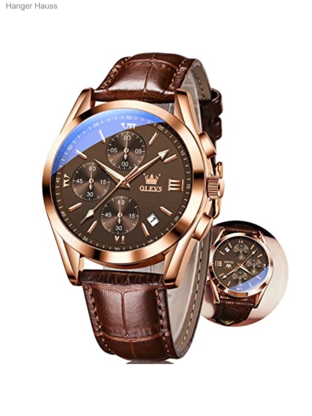 Men's Leather Casual Quartz Chronograph Wrist Watch with Date - Brown Band